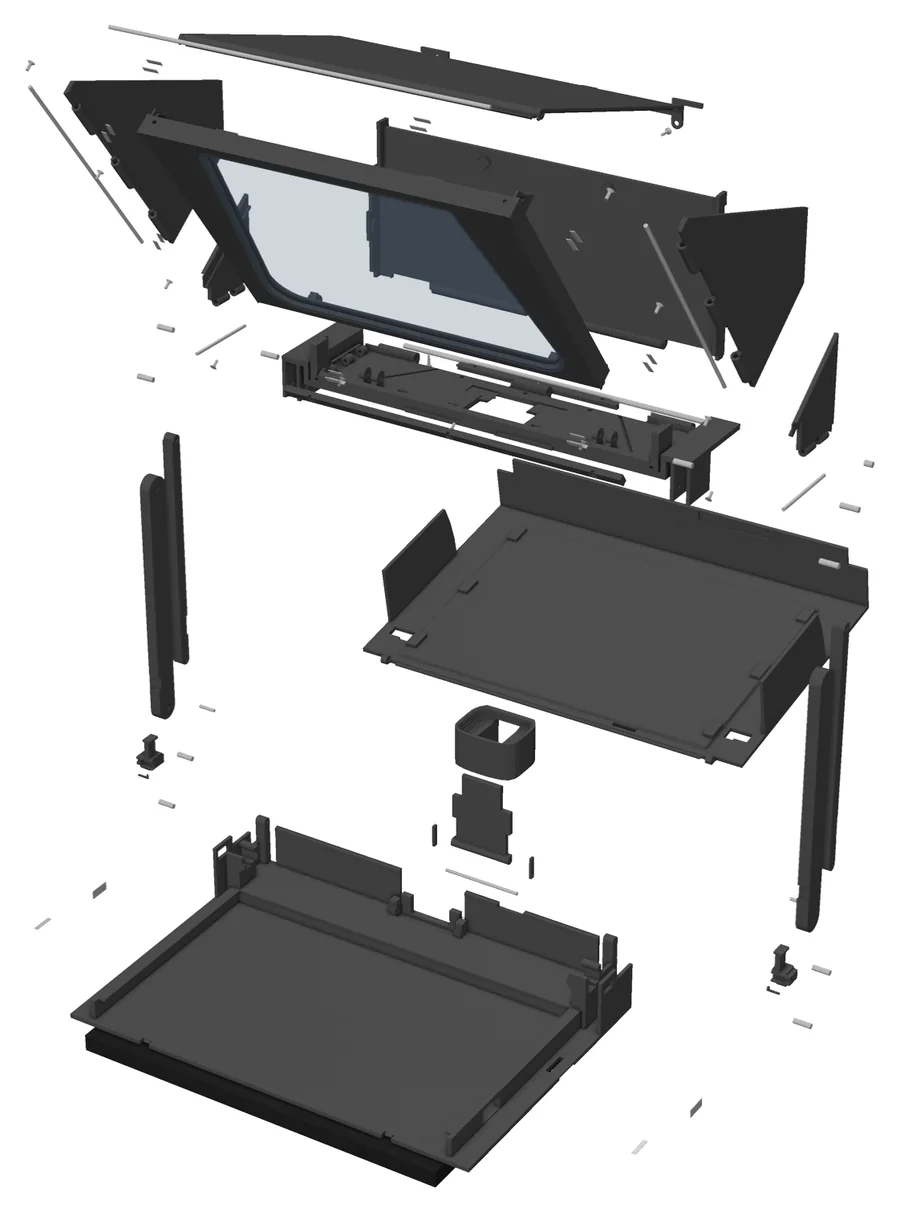 Exploded view of the teleprompter, showing how the printed parts fit together.